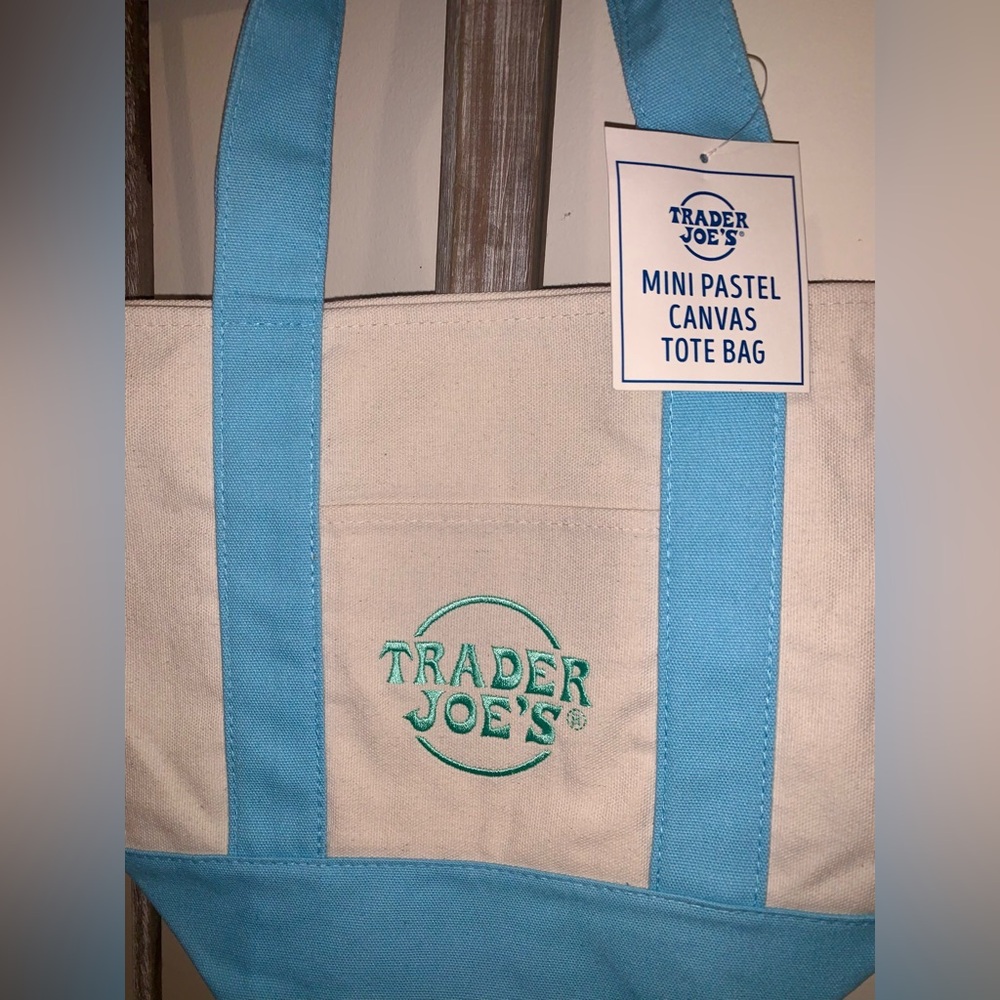 NWT Trader Joe’s Mini Canvas Tote Bag Pastel Blue w Pastel Green Embroider Logo